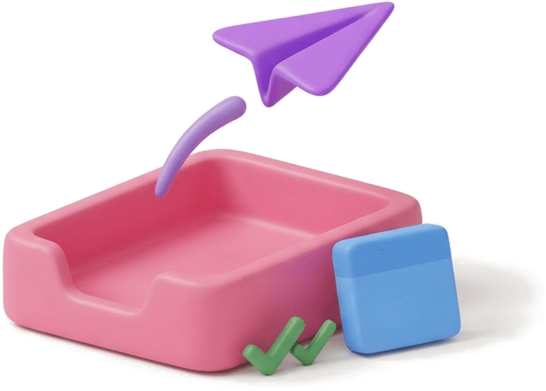 An empty inbox tray with a paper plane and two check marks