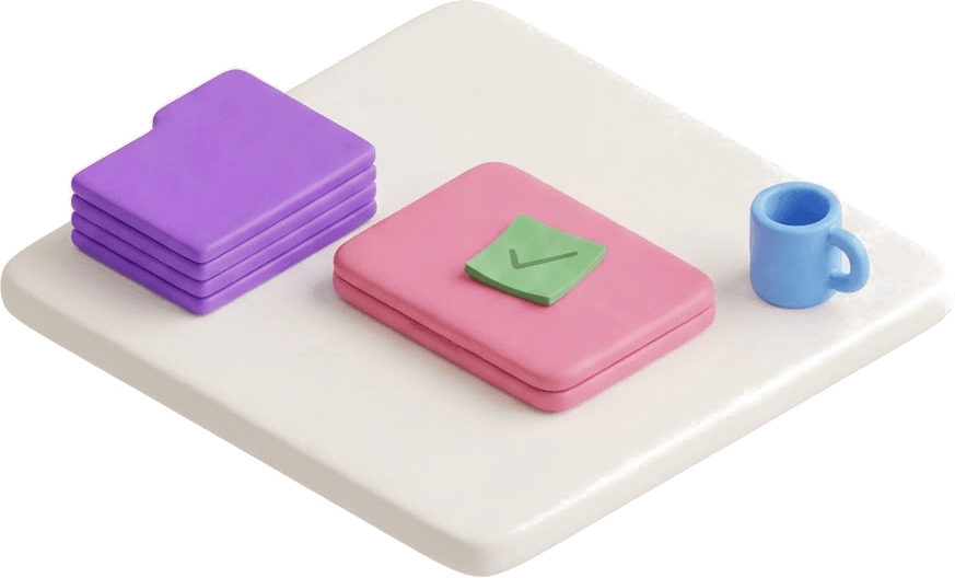 A neatly stacked set of folders beside a laptop and a green check mark