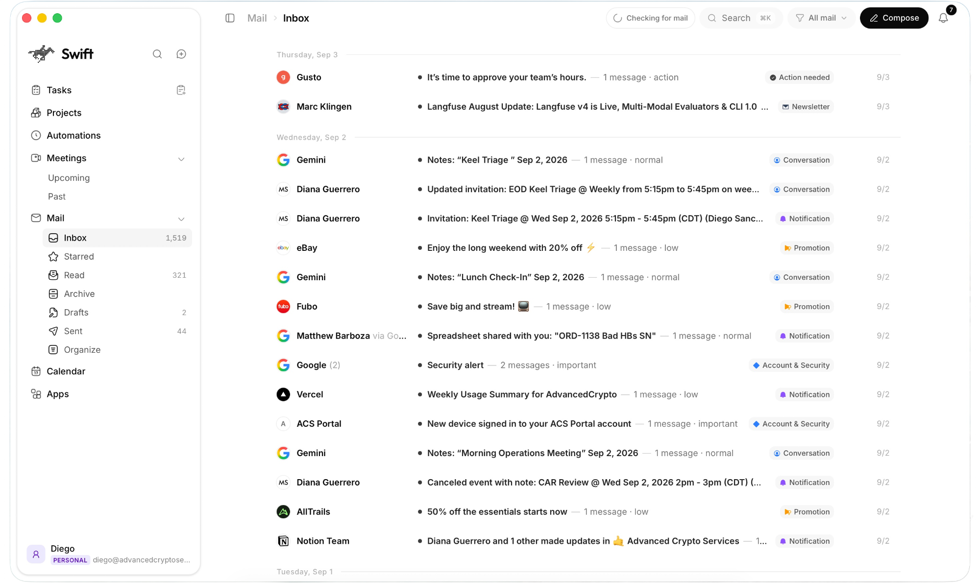 Swift’s actual desktop app, showing its macOS window controls, full sidebar, Mail inbox, and header tools.